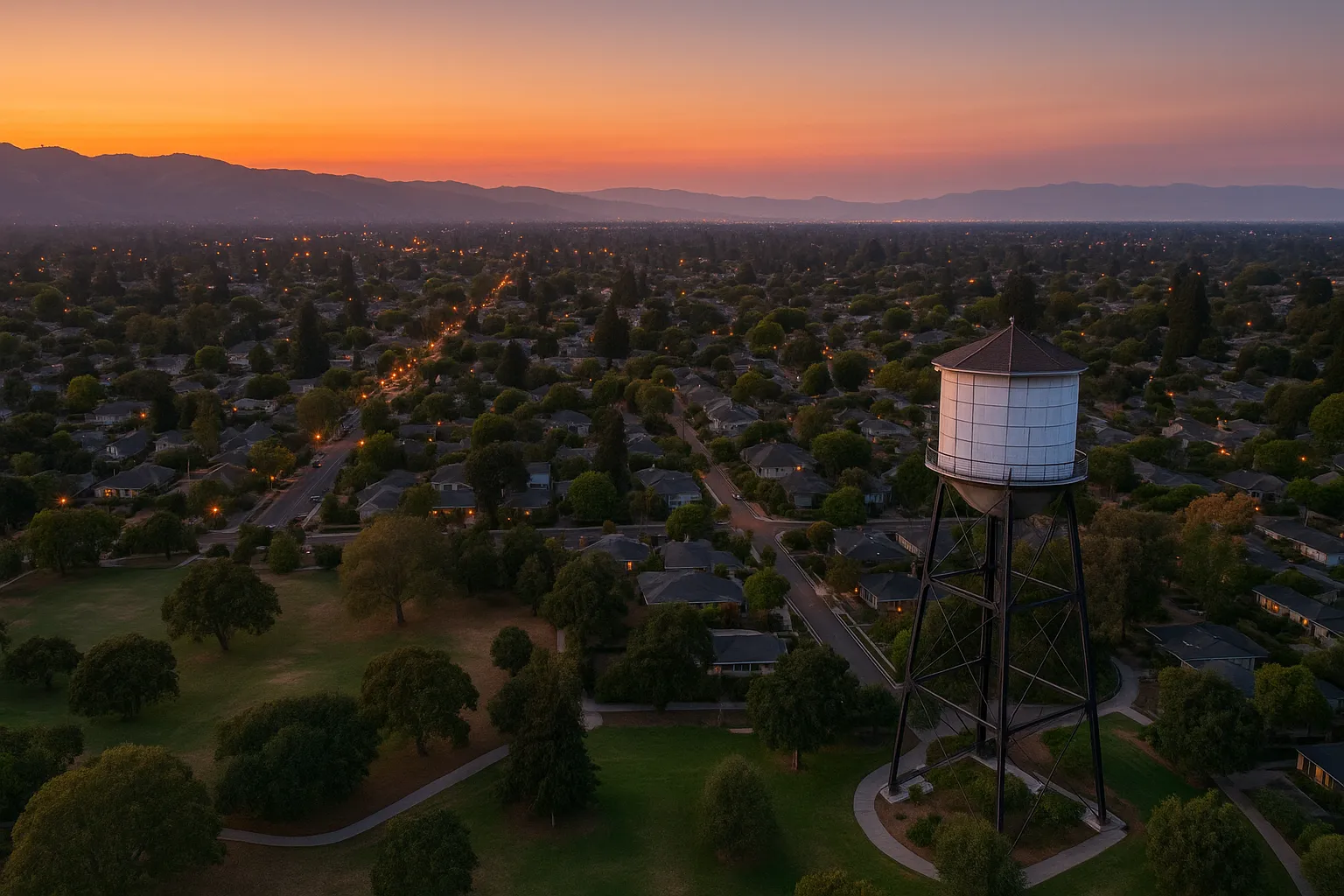 Aerial dusk photograph of Los Altos showcasing the white-painted Water Tower of Heritage Park Museum in the foreground, tree-lined residential blocks with glowing windows, and the Santa Cruz foothills framed by a gradient sunset sky.